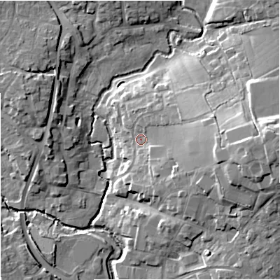 Shaded relief map of the ground around SP84AL, computed from Environment Agency LiDAR. The ground here sits at about 75 m above sea level and falls 19 m across the surrounding 800 m. Surface water reaching this point runs off ground lying to the east, 13.3 m higher.