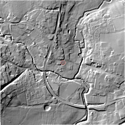 Shaded relief map of the ground around SP84AN, computed from Environment Agency LiDAR. The ground here sits at about 72 m above sea level and falls 19 m across the surrounding 800 m. Surface water reaching this point runs off ground lying to the north-north-west, 5.6 m higher.