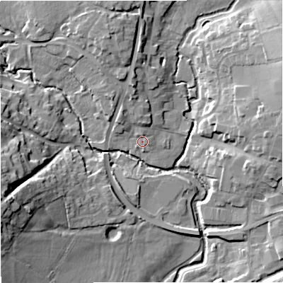 Shaded relief map of the ground around SP84AP, computed from Environment Agency LiDAR. The ground here sits at about 71 m above sea level and falls 19 m across the surrounding 800 m. Surface water reaching this point runs off ground lying to the north, 1.9 m higher.