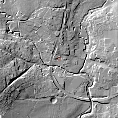 Shaded relief map of the ground around SP84AR, computed from Environment Agency LiDAR. The ground here sits at about 71 m above sea level and falls 21 m across the surrounding 800 m. Surface water reaching this point runs off ground lying to the north, 8.7 m higher.