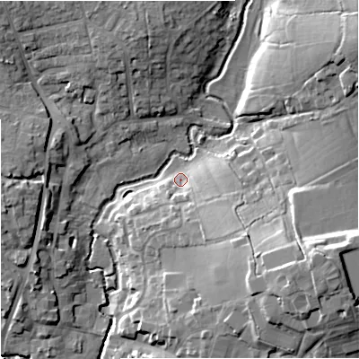 Shaded relief map of the ground around SP84AU, computed from Environment Agency LiDAR. The ground here sits at about 72 m above sea level and falls 19 m across the surrounding 800 m. Surface water reaching this point runs off ground lying to the south-east, 13.0 m higher.