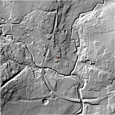 Shaded relief map of the ground around SP84AW, computed from Environment Agency LiDAR. The ground here sits at about 73 m above sea level and falls 19 m across the surrounding 800 m. Surface water reaching this point runs off ground lying to the north-north-west, 2.3 m higher.