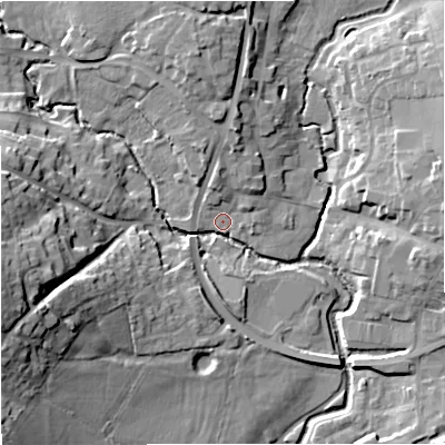 Shaded relief map of the ground around SP84AX, computed from Environment Agency LiDAR. The ground here sits at about 71 m above sea level and falls 21 m across the surrounding 800 m. Surface water reaching this point runs off ground lying to the west-south-west, 20.7 m higher.