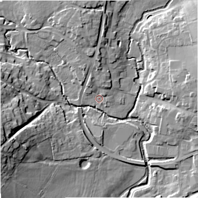 Shaded relief map of the ground around SP84AY, computed from Environment Agency LiDAR. The ground here sits at about 71 m above sea level and falls 20 m across the surrounding 800 m. Surface water reaching this point runs off ground lying to the north, 6.3 m higher.