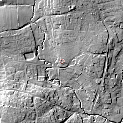 Shaded relief map of the ground around SP84BB, computed from Environment Agency LiDAR. The ground here sits at about 75 m above sea level and falls 28 m across the surrounding 800 m. Surface water reaching this point runs off ground lying to the north-east, 2.1 m higher.