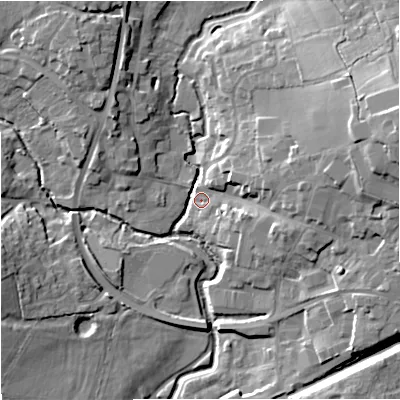 Shaded relief map of the ground around SP84BP, computed from Environment Agency LiDAR. The ground here sits at about 71 m above sea level and falls 19 m across the surrounding 800 m. Surface water reaching this point runs off ground lying to the east-north-east, 19.1 m higher.