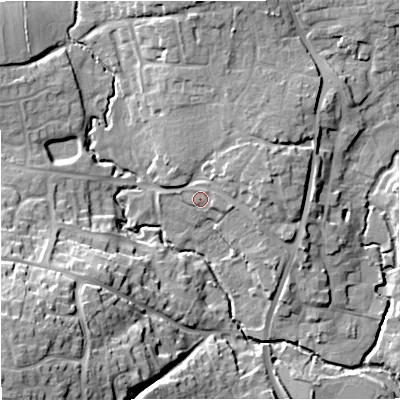 Shaded relief map of the ground around SP84DL, computed from Environment Agency LiDAR. The ground here sits at about 74 m above sea level and falls 28 m across the surrounding 800 m. Surface water reaching this point runs off ground lying to the east-north-east, 6.8 m higher.