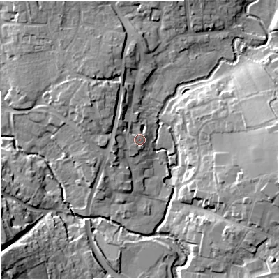 Shaded relief map of the ground around SP84DX, computed from Environment Agency LiDAR. The ground here sits at about 73 m above sea level and falls 17 m across the surrounding 800 m. Surface water reaching this point runs off ground lying to the west-north-west, 1.6 m higher.