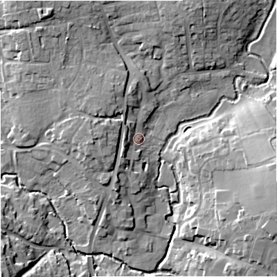 Shaded relief map of the ground around SP84DZ, computed from Environment Agency LiDAR. The ground here sits at about 73 m above sea level and falls 17 m across the surrounding 800 m. Surface water reaching this point runs off ground lying to the south-west, 4.7 m higher.