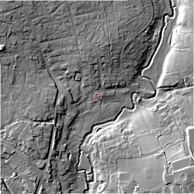 Shaded relief map of the ground around SP84EF, computed from Environment Agency LiDAR. The ground here sits at about 73 m above sea level and falls 19 m across the surrounding 800 m. Surface water reaching this point runs off ground lying to the north-north-west, 2.5 m higher.