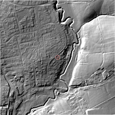Shaded relief map of the ground around SP84EL, computed from Environment Agency LiDAR. The ground here sits at about 75 m above sea level and falls 19 m across the surrounding 800 m. Surface water reaching this point runs off ground lying to the west, 3.2 m higher.