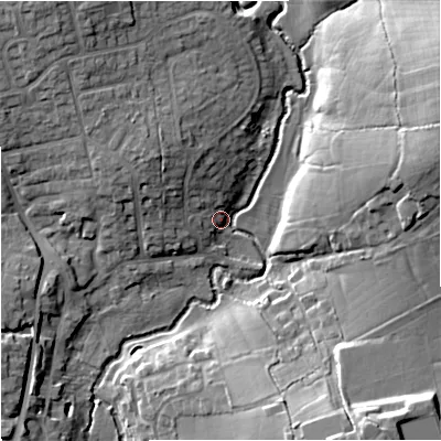 Shaded relief map of the ground around SP84EN, computed from Environment Agency LiDAR. The ground here sits at about 73 m above sea level and falls 19 m across the surrounding 800 m. Surface water reaching this point runs off ground lying to the north-east, 18.3 m higher.