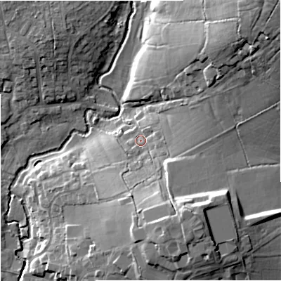 Shaded relief map of the ground around SP84ER, computed from Environment Agency LiDAR. The ground here sits at about 75 m above sea level and falls 23 m across the surrounding 800 m. Surface water reaching this point runs off ground lying to the south-south-east, 13.0 m higher.