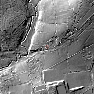 Shaded relief map of the ground around SP84EW, computed from Environment Agency LiDAR. The ground here sits at about 78 m above sea level and falls 24 m across the surrounding 800 m. Surface water reaching this point runs off ground lying to the north-east, 14.4 m higher.