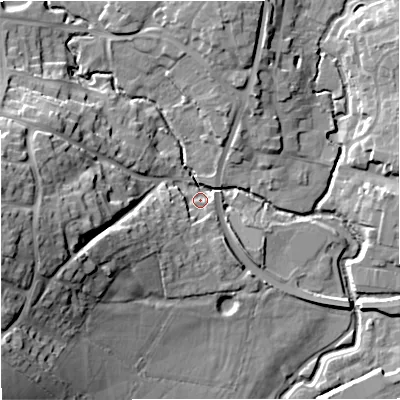 Shaded relief map of the ground around SP84FZ, computed from Environment Agency LiDAR. The ground here sits at about 72 m above sea level and falls 25 m across the surrounding 800 m. Surface water reaching this point runs off ground lying to the west, 24.5 m higher.
