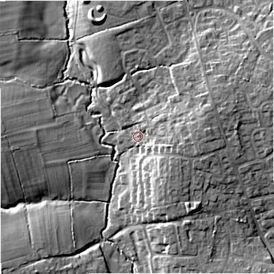 Shaded relief map of the ground around SP84GR, computed from Environment Agency LiDAR. The ground here sits at about 76 m above sea level and falls 12 m across the surrounding 800 m. Surface water reaching this point runs off ground lying to the east, 5.9 m higher.