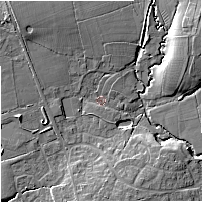 Shaded relief map of the ground around SP84HH, computed from Environment Agency LiDAR. The ground here sits at about 77 m above sea level and falls 15 m across the surrounding 800 m. Surface water reaching this point runs off ground lying to the north-west, 9.9 m higher.