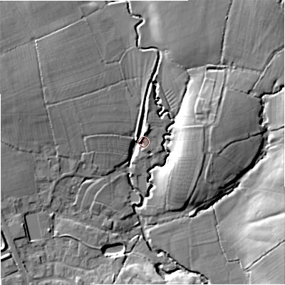 Shaded relief map of the ground around SP84HW, computed from Environment Agency LiDAR. The ground here sits at about 75 m above sea level and falls 12 m across the surrounding 800 m. Surface water reaching this point runs off ground lying to the west-north-west, 10.5 m higher.