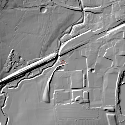 Shaded relief map of the ground around SP84JN, computed from Environment Agency LiDAR. The ground here sits at about 71 m above sea level and falls 17 m across the surrounding 800 m. Surface water reaching this point runs off ground lying to the south-south-west, 6.3 m higher.