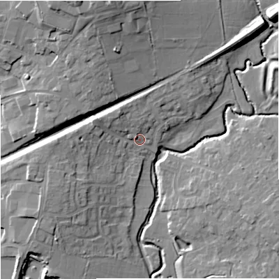 Shaded relief map of the ground around SP84JY, computed from Environment Agency LiDAR. The ground here sits at about 72 m above sea level and falls 19 m across the surrounding 800 m. Surface water reaching this point runs off ground lying to the west-north-west, 6.0 m higher.