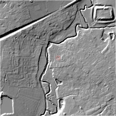 Shaded relief map of the ground around SP84LS, computed from Environment Agency LiDAR. The ground here sits at about 72 m above sea level and falls 14 m across the surrounding 800 m. Surface water reaching this point runs off ground lying to the east-south-east, 2.9 m higher.