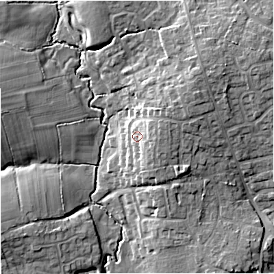 Shaded relief map of the ground around SP84LX, computed from Environment Agency LiDAR. The ground here sits at about 78 m above sea level and falls 12 m across the surrounding 800 m. Surface water reaching this point runs off ground lying to the east, 4.6 m higher.