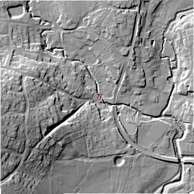 Shaded relief map of the ground around SP84NA, computed from Environment Agency LiDAR. The ground here sits at about 71 m above sea level and falls 26 m across the surrounding 800 m. Surface water reaching this point runs off ground lying to the west, 25.5 m higher.