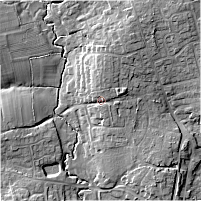 Shaded relief map of the ground around SP84NX, computed from Environment Agency LiDAR. The ground here sits at about 79 m above sea level and falls 13 m across the surrounding 800 m. Surface water reaching this point runs off ground lying to the north, 3.2 m higher.