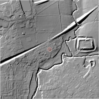 Shaded relief map of the ground around SP84PG, computed from Environment Agency LiDAR. The ground here sits at about 75 m above sea level and falls 19 m across the surrounding 800 m. Surface water reaching this point runs off ground lying to the north, 1.7 m higher.