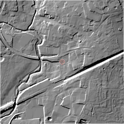 Shaded relief map of the ground around SP84QA, computed from Environment Agency LiDAR. The ground here sits at about 73 m above sea level and falls 20 m across the surrounding 800 m. Surface water reaching this point runs off ground lying to the east, 6.7 m higher.