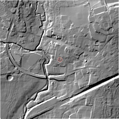 Shaded relief map of the ground around SP84QF, computed from Environment Agency LiDAR. The ground here sits at about 74 m above sea level and falls 20 m across the surrounding 800 m. Surface water reaching this point runs off ground lying to the north-east, 3.3 m higher.