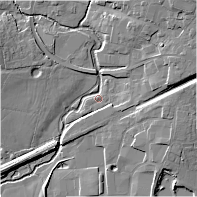 Shaded relief map of the ground around SP84QS, computed from Environment Agency LiDAR. The ground here sits at about 71 m above sea level and falls 17 m across the surrounding 800 m. Surface water reaching this point runs off ground lying to the north-east, 16.5 m higher.