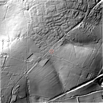 Shaded relief map of the ground around SP84RE, computed from Environment Agency LiDAR. The ground here sits at about 90 m above sea level and falls 30 m across the surrounding 800 m. Surface water reaching this point runs off ground lying to the north-north-east, 0.9 m higher.