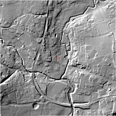 Shaded relief map of the ground around SP84RZ, computed from Environment Agency LiDAR. The ground here sits at about 71 m above sea level and falls 17 m across the surrounding 800 m. Surface water reaching this point runs off ground lying to the west, 1.5 m higher.