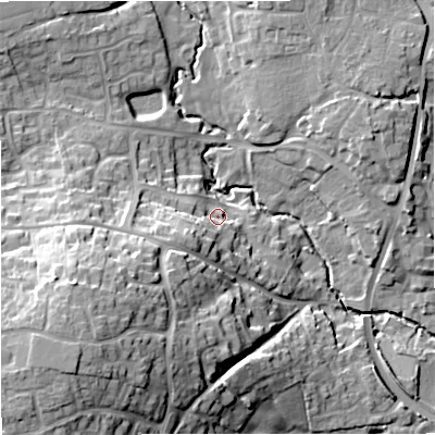 Shaded relief map of the ground around SP84ST, computed from Environment Agency LiDAR. The ground here sits at about 75 m above sea level and falls 28 m across the surrounding 800 m. Surface water reaching this point runs off ground lying to the west-south-west, 10.3 m higher.