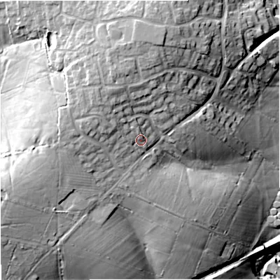 Shaded relief map of the ground around SP84TU, computed from Environment Agency LiDAR. The ground here sits at about 91 m above sea level and falls 30 m across the surrounding 800 m. Surface water reaching this point runs off ground lying to the west-north-west, 5.4 m higher.