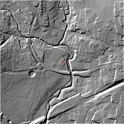 Shaded relief map of the ground around SP84UA, computed from Environment Agency LiDAR. The ground here sits at about 71 m above sea level and falls 19 m across the surrounding 800 m. Surface water reaching this point runs off ground lying to the west, 7.7 m higher.