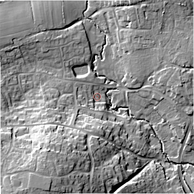 Shaded relief map of the ground around SP84UB, computed from Environment Agency LiDAR. The ground here sits at about 73 m above sea level and falls 28 m across the surrounding 800 m. Surface water reaching this point runs off ground lying to the south-south-west, 11.6 m higher.