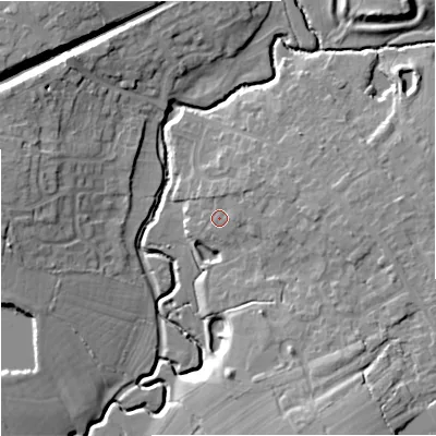 Shaded relief map of the ground around SP84WE, computed from Environment Agency LiDAR. The ground here sits at about 73 m above sea level and falls 14 m across the surrounding 800 m. Surface water reaching this point runs off ground lying to the east-north-east, 2.5 m higher.