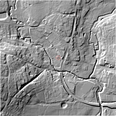 Shaded relief map of the ground around SP84XH, computed from Environment Agency LiDAR. The ground here sits at about 71 m above sea level and falls 25 m across the surrounding 800 m. Surface water reaching this point runs off ground lying to the north-north-east, 5.0 m higher.