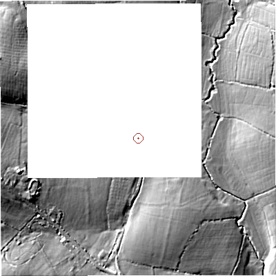 Shaded relief map of the ground around SP85AB, computed from Environment Agency LiDAR. and falls 19 m across the surrounding 800 m.
