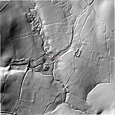 Shaded relief map of the ground around SP85AE, computed from Environment Agency LiDAR. The ground here sits at about 89 m above sea level and falls 23 m across the surrounding 800 m. Surface water reaching this point runs off ground lying to the east-north-east, 9.0 m higher.