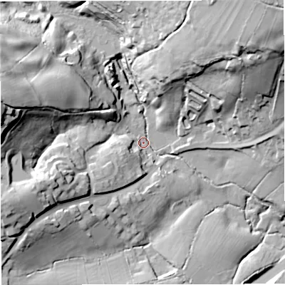Shaded relief map of the ground around SP85BA, computed from Environment Agency LiDAR. The ground here sits at about 103 m above sea level and falls 51 m across the surrounding 800 m. Surface water reaching this point runs off ground lying to the west-north-west, 47.2 m higher.