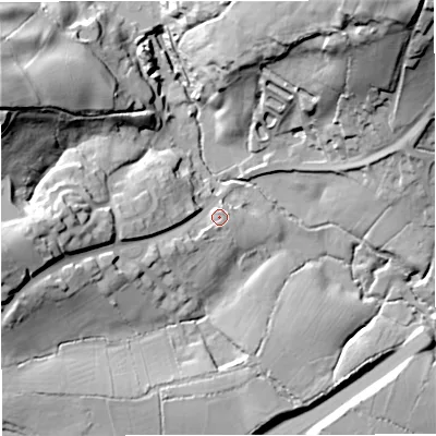 Shaded relief map of the ground around SP85BD, computed from Environment Agency LiDAR. The ground here sits at about 108 m above sea level and falls 46 m across the surrounding 800 m. Surface water reaching this point runs off ground lying to the west-south-west, 6.6 m higher.