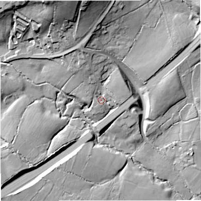 Shaded relief map of the ground around SP85DF, computed from Environment Agency LiDAR. The ground here sits at about 103 m above sea level and falls 41 m across the surrounding 800 m. Surface water reaching this point runs off ground lying to the north-north-west, 12.9 m higher.