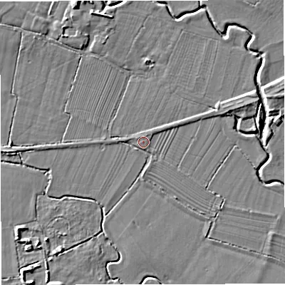 Shaded relief map of the ground around SP85FF, computed from Environment Agency LiDAR. The ground here sits at about 55 m above sea level and falls 7 m across the surrounding 800 m. Surface water reaching this point runs off ground lying to the north-north-east, 1.3 m higher.