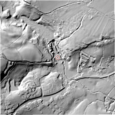 Shaded relief map of the ground around SP85FN, computed from Environment Agency LiDAR. The ground here sits at about 104 m above sea level and falls 55 m across the surrounding 800 m. Surface water reaching this point runs off ground lying to the west, 49.6 m higher.