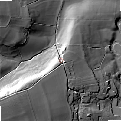 Shaded relief map of the ground around SP85FQ, computed from Environment Agency LiDAR. The ground here sits at about 88 m above sea level and falls 51 m across the surrounding 800 m. Surface water reaching this point runs off ground lying to the south-west, 24.4 m higher.