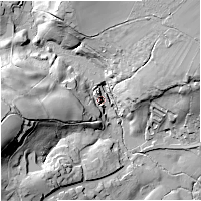 Shaded relief map of the ground around SP85FS, computed from Environment Agency LiDAR. The ground here sits at about 110 m above sea level and falls 57 m across the surrounding 800 m. Surface water reaching this point runs off ground lying to the west, 45.9 m higher.