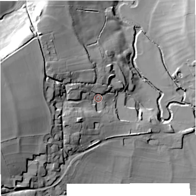 Shaded relief map of the ground around SP85FT, computed from Environment Agency LiDAR. The ground here sits at about 75 m above sea level and falls 41 m across the surrounding 800 m. Surface water reaching this point runs off ground lying to the west, 27.2 m higher.